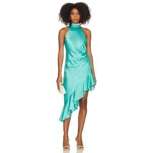 Amanda Uprichard Shaena Silk Halter Asymmetric Ruffle Dress Blue Size S